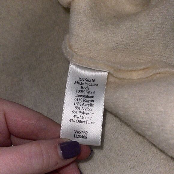 ColdWater Creek- Women’s Cream Boiled Wool Winter Nordic Embroidered Cardigan, L - Picture 6 of 7